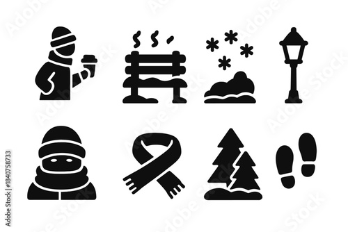 Winter Coffee Icons. Winter stroll with coffee cup. Filled icon set of winter stroll with coffee cup: person