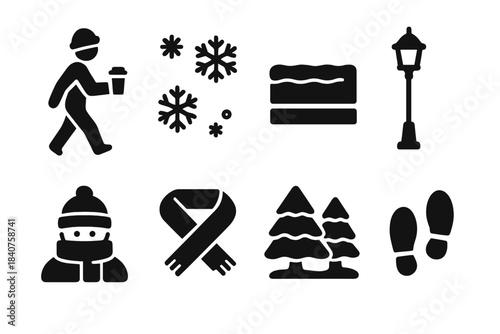 Winter Coffee Icons. Coffee stroll in the snow. Filled icon set of coffee stroll in the snow: person walking