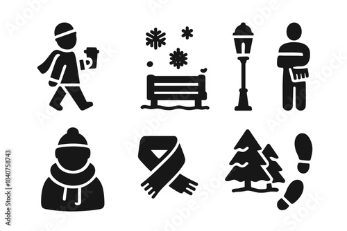 Snowy City Icons. Snowy city coffee walk. Filled icon set of snowy city coffee walk: person with takeaway