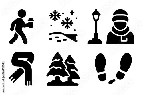 Winter Walk Icons. Snowy walk with coffee. Filled icon set of snowy walk with coffee: person with takeaway cup