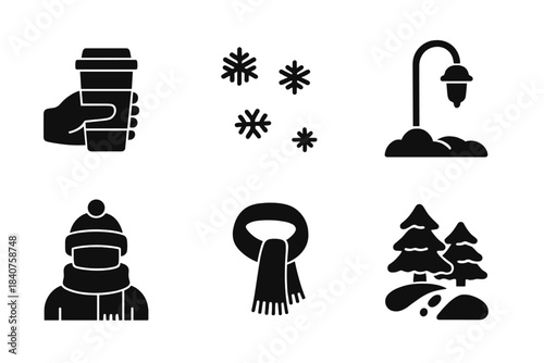 Snowy Coffee Scene Icons. Takeaway coffee in the snow. Filled icon set of takeaway coffee in the snow: person