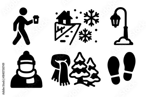Winter Coffee Icon Set. Coffee walk in winter snow. Filled icon set of coffee walk in winter snow: person