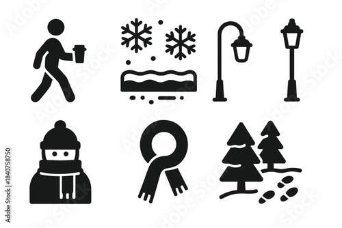Coffee Walk Icons. Coffee stroll in the snow. Filled icon set of coffee stroll in the snow: person walking