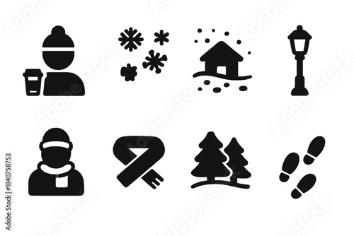Winter Walk Icons. Winter walk with takeaway coffee. Filled icon set of winter walk with takeaway coffee:
