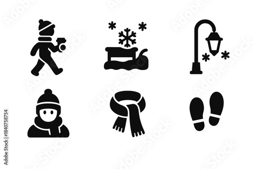 Winter Coffee Icons. Winter stroll with coffee cup. Filled icon set of winter stroll with coffee cup: person