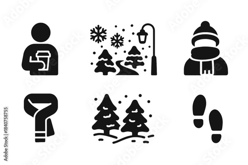 Snowy Path Icons. Snowy path with coffee. Filled icon set of snowy path with coffee: person holding takeaway