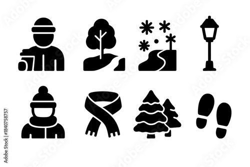 Winter Coffee Icon Set. Winter coffee walk. Filled icon set of winter coffee walk: person holding coffee cup,