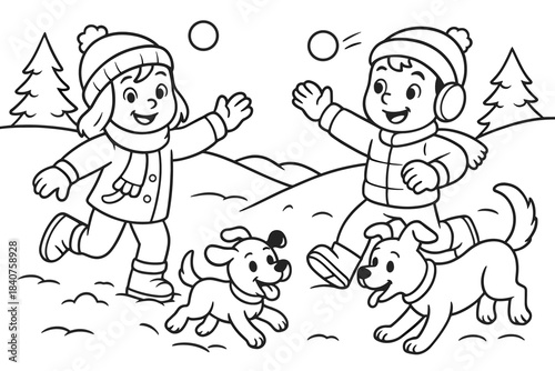 Pets and Snowball Fun. Snowball fight with pets children?s coloring book illustration, outlined drawing,