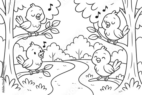 Birds on Forest Path. Forest birds children?s coloring book illustration, outlined drawing, peaceful path with