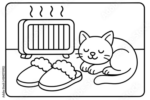 Cat and Slippers. Cat and slippers children?s coloring book illustration, outlined drawing, cat curled up