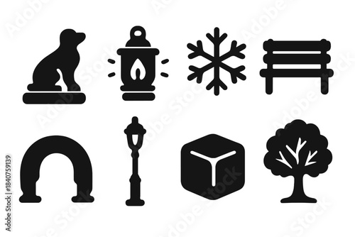 Winter Art Icons. Winter Art Installations. Filled icon set of Winter Art Installations: ice sculpture,