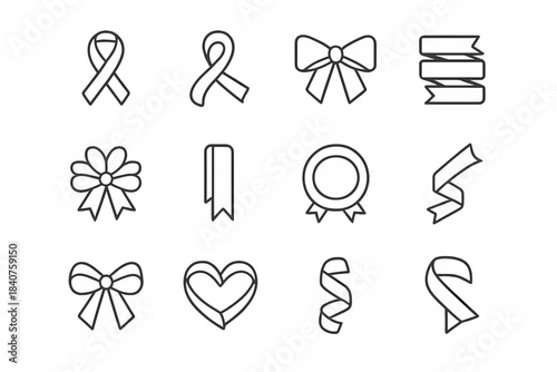 Ribbon Icon Set. Ribbon designs. Line outline icon set of ribbon designs: loop ribbon, curled ribbon, tied bow