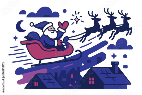 Sleigh Over Rooftops. Christmas sky flight. Sleigh gliding over rooftops, reindeer silhouettes leading the way