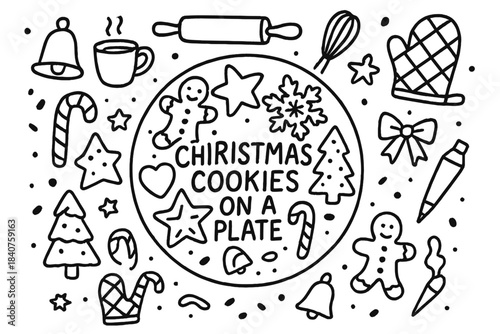 Christmas Cookies Doodle. Christmas cookies on a plate. Hand-drawn doodle illustration of Christmas cookies on