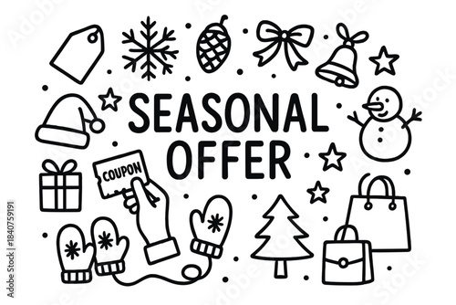 Winter Doodle Promotion. Seasonal Offer. Hand-drawn doodle illustration of Seasonal Offer. Hand with coupon,