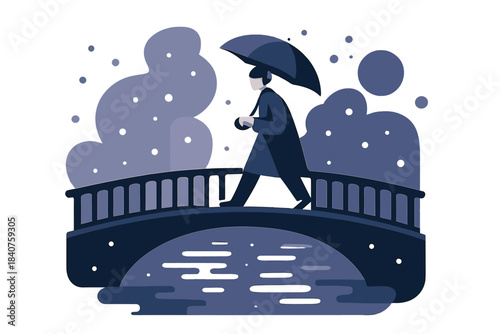 Snowy Bridge Solitude. Bridge crossing in snow. Lone figure with umbrella walking over city bridge, snow