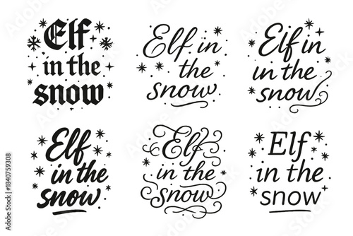 Elf in Snow Calligraphy. Elf in the snow. Create a calligraphy lettering illustration of the phrase: Elf in