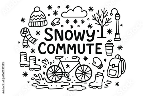 Snowy Commute Doodle. Snowy Commute. Hand-drawn doodle illustration of Snowy Commute. Bicycle, snowflakes,