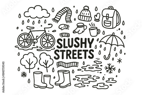 Slushy Streets Doodle. Slushy Streets. Hand-drawn doodle illustration of Slushy Streets. Bicycle, puddles,