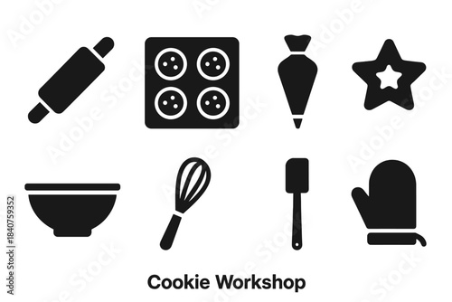 Cookie Workshop Icons. Cookie Workshop. Filled icon set of Cookie Workshop: dough roller, cookie tray, icing
