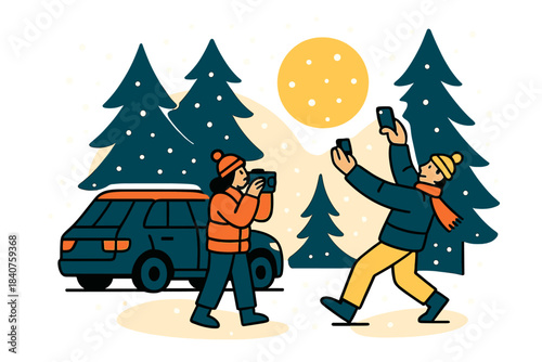 Snowy Travel Snapshot. Snow adventure stop. Car parked near forest clearing, travelers standing outside taking