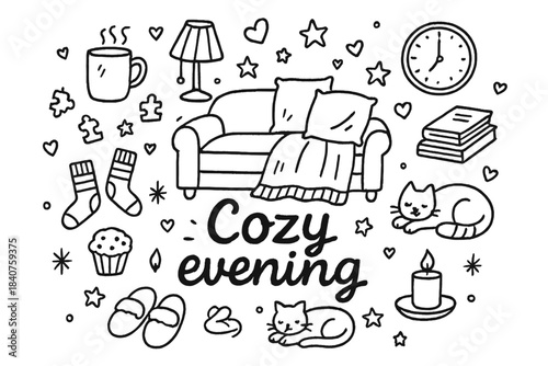 Cozy Evening Doodle. Cozy evening. Hand-drawn doodle illustration of Cozy evening. Sofa, blanket, pillows,