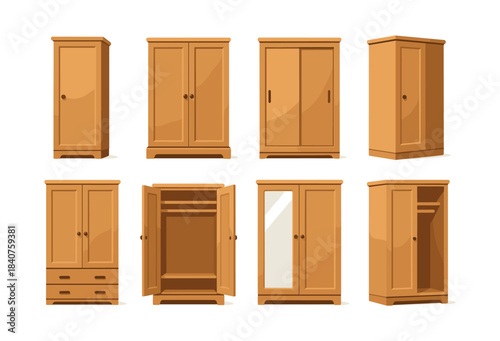 Wooden wardrobe set, flat vector illustration, cabinets, armoires, storage