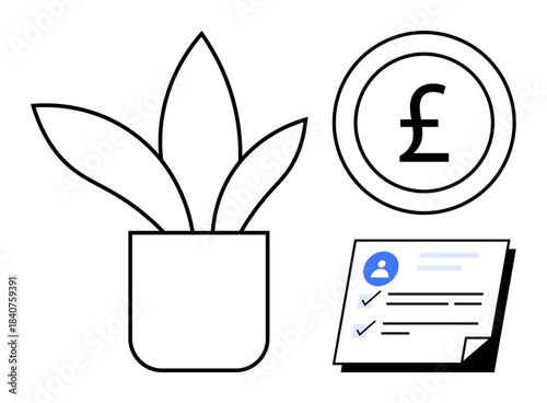 Potted plant symbolizing growth, currency circle representing economics, checklist document for organization. Ideal for sustainability, finance, business planning, eco-friendliness, budgeting
