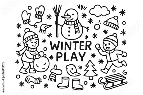 Winter Play Doodle. Winter Play. Hand-drawn doodle illustration of Winter Play. Snowman, kids, snowballs,