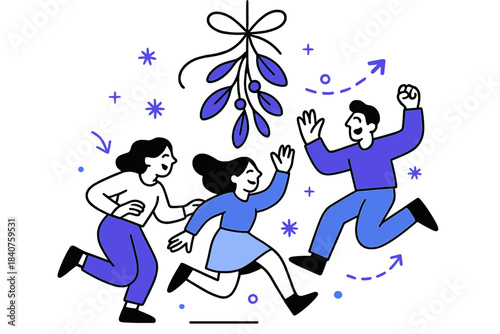 Modern Mistletoe Illustration. One-line mistletoe hanging from ceiling. Graceful stroke suggesting ribbon and