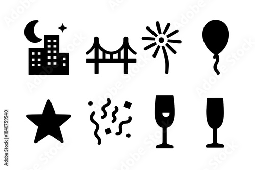 Night City Icons. Night Cityscape. Filled icon set of Night Cityscape: skyscraper, bridge, fireworks, moon,