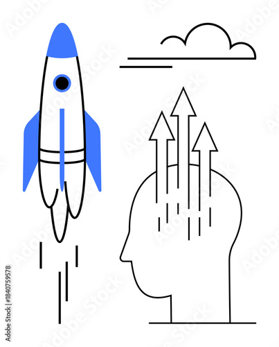 Innovation concept. Innovation by a rocket and human head with upward arrows growth and creativity. Innovation driving progress and new ideas. For technology, startups, education, creativity
