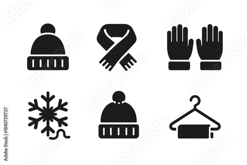 Winter Icon Set. Beanie and Scarf Collection. Filled icon set of Beanie and Scarf Collection: knitted beanie,