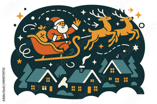 Santa's Enchanting Flight. Santa flying over small village. Cozy cottages glowing below, reindeer galloping