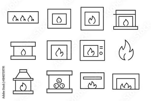Modern Fireplace Icons. Modern fireplace. Line outline icon set of modern fireplace: linear fireplace, wall