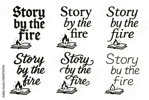 Story by Fire. Story by the fire. Create a calligraphy lettering illustration of the phrase: Story by the fire