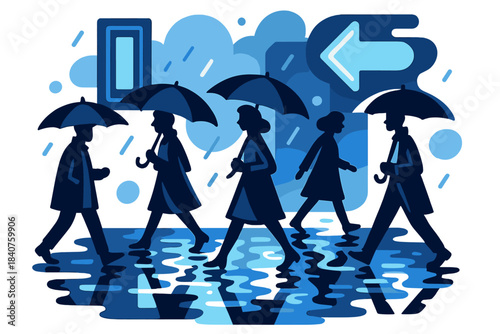 Neon Umbrella Stroll. Evening city lights reflecting on wet streets. Silhouettes of people walking with