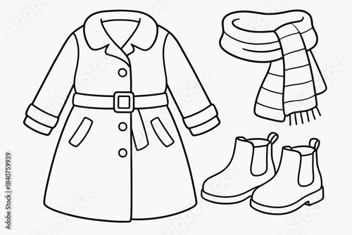 Children's Autumn Outfits. Autumn outfit flat lay children?s coloring book illustration, outlined drawing,