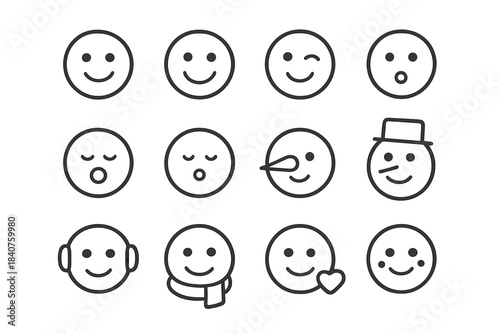 Snowman Faces Icons. Snowman faces. Line outline icon set of snowman faces: happy snowman, smiling snowman,