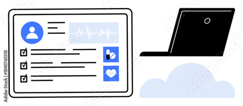 Digital health, telemedicine, healthcare management, cloud technology, remote patient monitoring, data security. Medical records display, laptop and cloud. Digital health and telemedicine