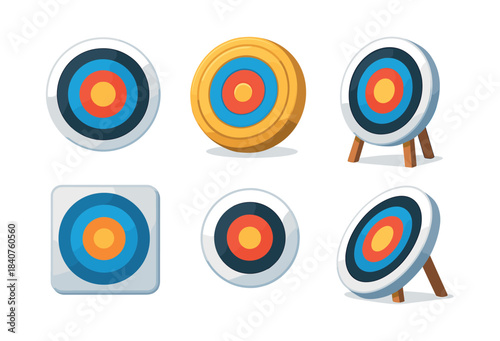 Archery targets set, bullseye designs, goals, flat vector illustration