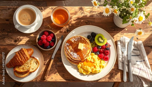 Delicious Breakfast Spread with Pancakes, Fruit, and Coffee.