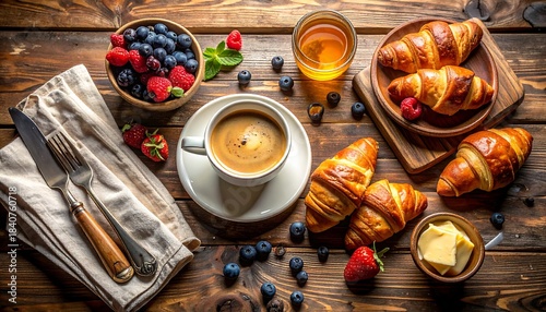Delicious Breakfast Spread with Croissants Coffee and Fresh Berries.