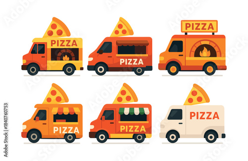 Food truck collection with pizza designs, flat vector illustration
