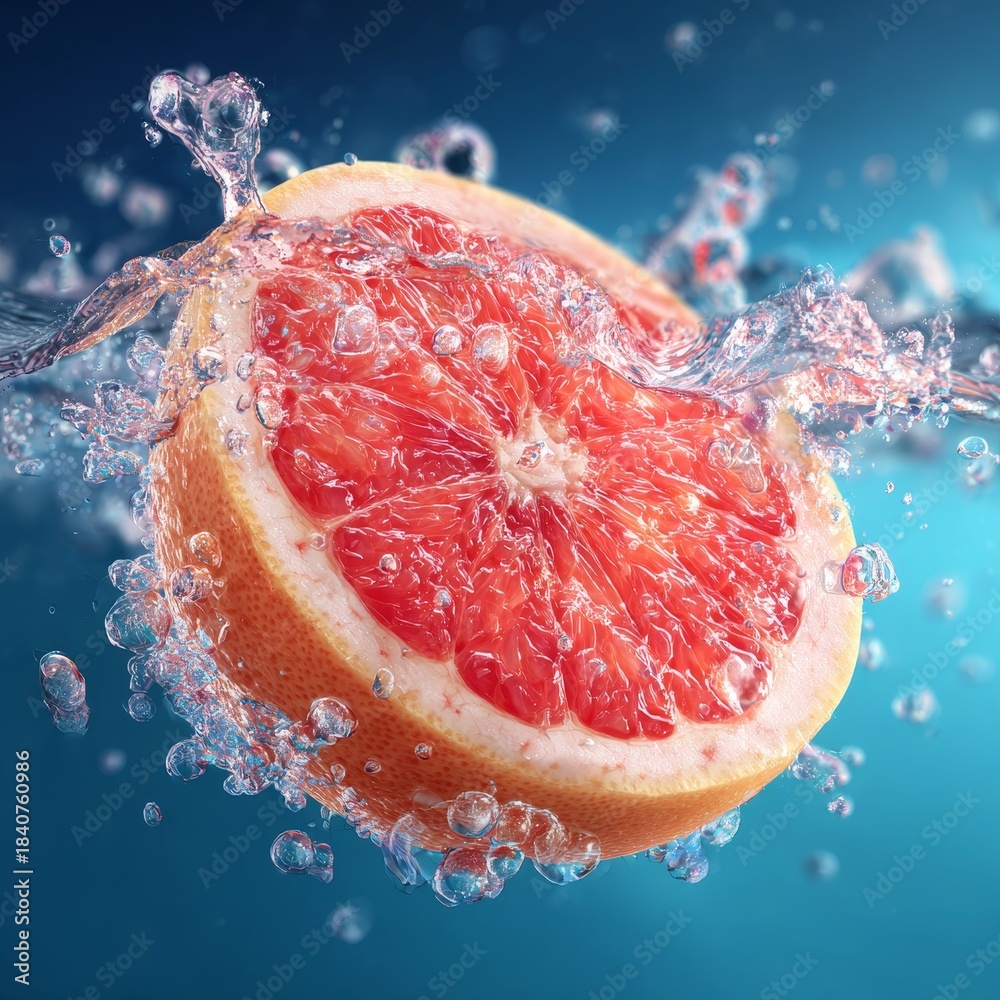 Naklejka premium Refreshing pink grapefruit juice with water drops and bubbles creates a vibrant citrus scene