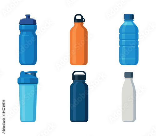 Water bottle set, sports hydration containers, flat vector illustration