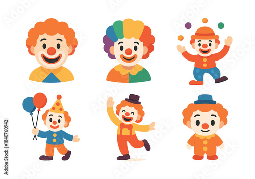 Clown flat vector illustration. Flat clowns set