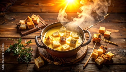 Delicious hot cheese fondue with bread cubes on rustic wooden table.