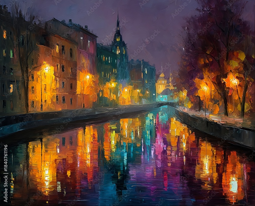 Obraz premium Colorful oil painting of a romantic night street with glowing lamps