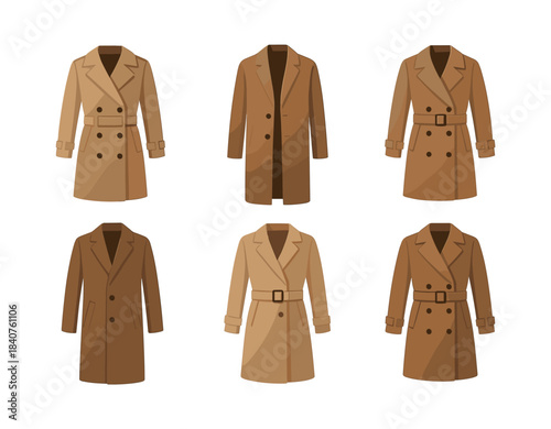 Coat collection, trench overcoat, flat vector illustration in neutral colors